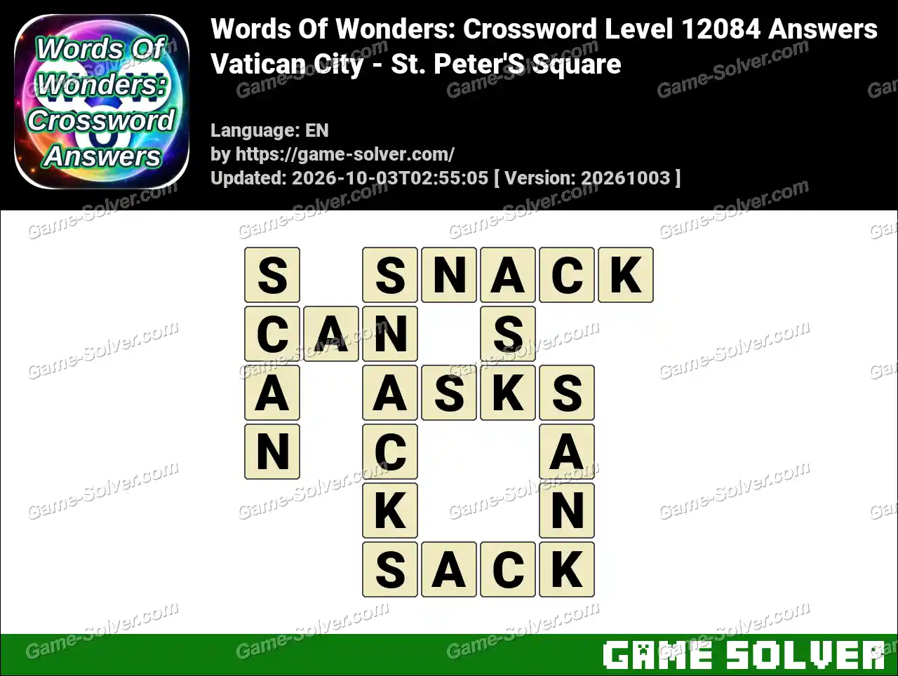 Words Of Wonders: Crossword Level 12084 Answers – Vatican City – St. Peter’S Square